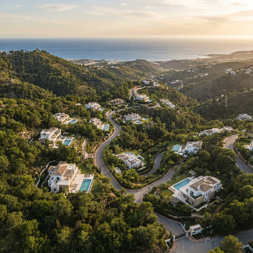 Aerial view of the green gated residential hills near the Mediterranean coast, pine forest and scattered white villas