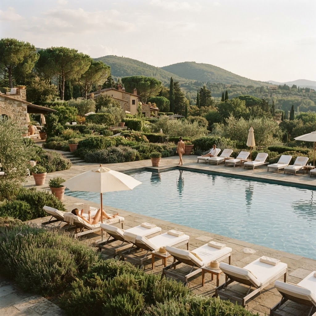 Country club swimming pools surrounded by Mediterranean pines