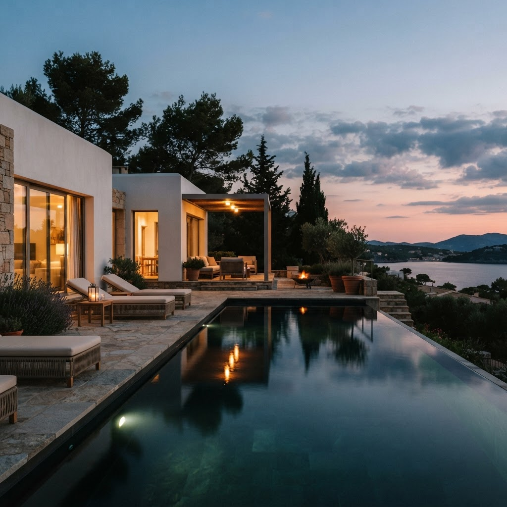 Villa pool terrace at dusk with warm lights reflecting on the water