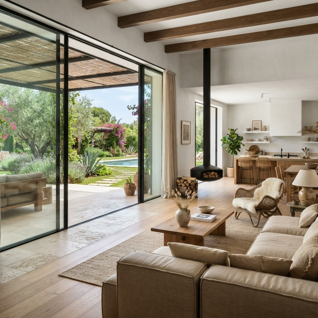 Open-plan living room with a full garden view through glass walls