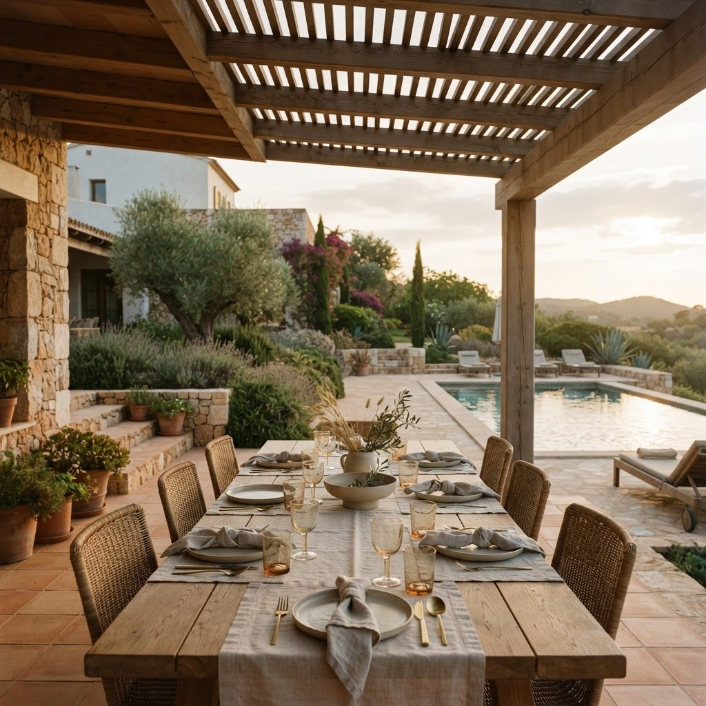Covered outdoor dining terrace with timber ceiling and garden beyond