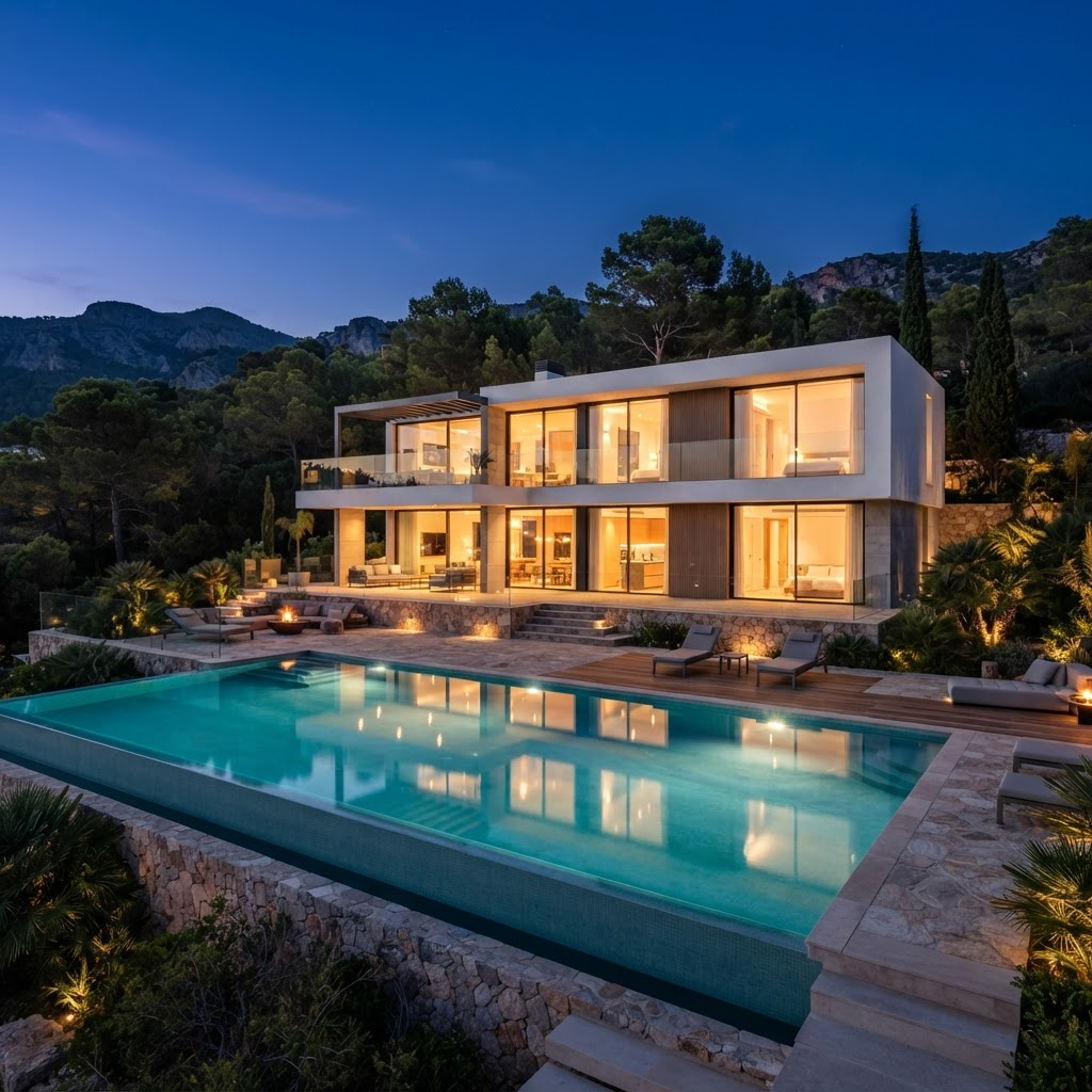 Modern white minimalist two-storey villa at dusk with warm interior light and illuminated pool, Mediterranean pine hills behind